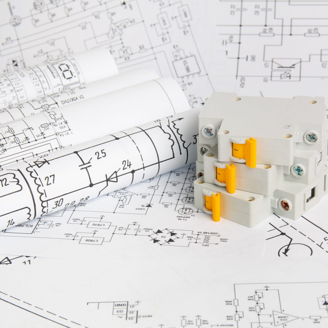 Printed drawings of electrical circuits and electrical circuit breaker